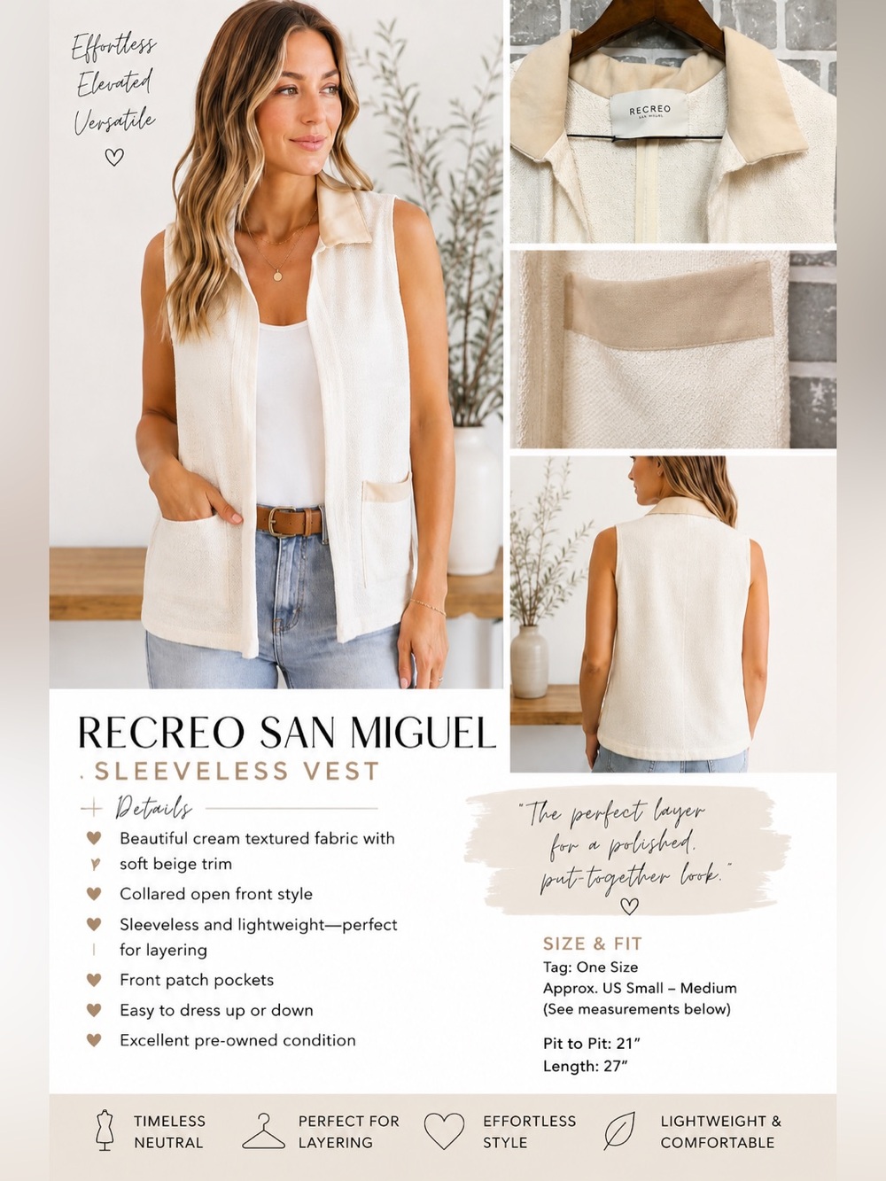RECREO San Miguel Cream Textured Sleeveless‎ Open Front Vest 21”PTP Boho